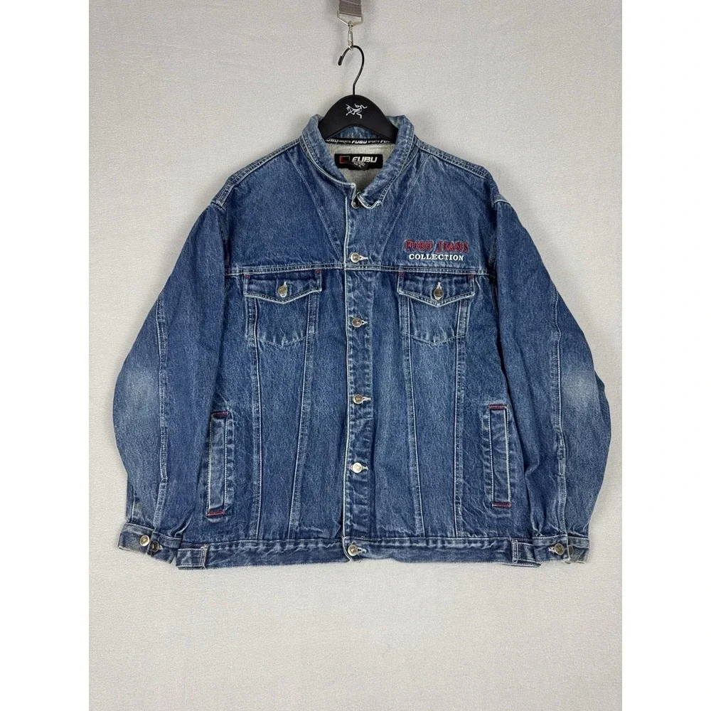 Vintage Fubu Collection Denim Blue Jean Trucker Jacket Pocket Button Mens XL Y2K